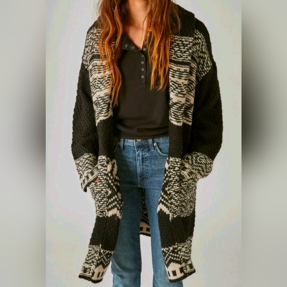 Lucky Brand Fair Isle Black Ivory Cardigan Sweater boho Coatigan NWT Duster L